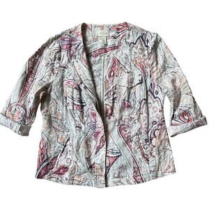 Chico’s Linen Paisley Jacket M | Boho Zip Shirt Shacket, Coral Pink, MSRP $200